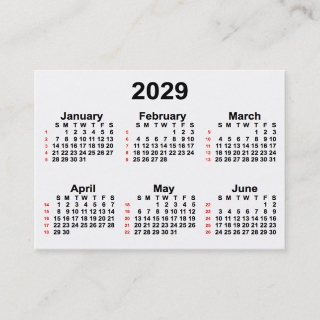 Carte De Visite Calendrier de 52 semaines 2029 blanc par Janz Cart (Devant)