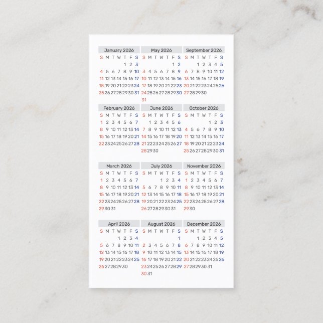 Carte De Visite Calendrier de poche 2026 Format dimanche Début des (Dos)