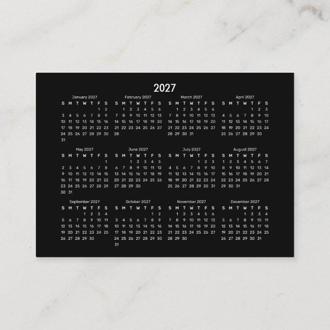 Carte De Visite Calendrier de poche mini 2027 DÉBUT DIMANCHE NOIR (Dos)