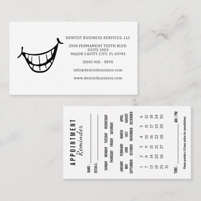 Carte De Visite Calendrier de rappel de rendez-vous chez le dentis (Devant / Derrière)