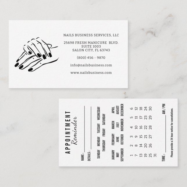 Carte De Visite Calendrier de rappel de rendez-vous pour ongles Ca (Devant / Derrière)