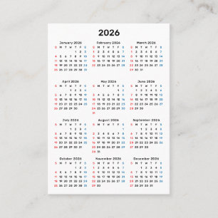 Carte De Visite Calendrier du dimanche 2026 Merci pour votre achat