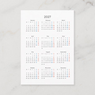 Carte De Visite Calendrier du dimanche 2027 Merci pour votre achat