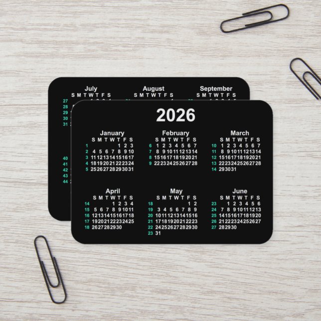 Carte De Visite Calendrier ISO de Neon 52 semaines 2026 par Janz (Devant/Arrière en situation)