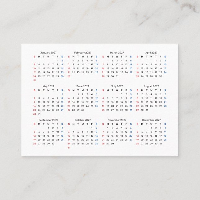 Carte De Visite Calendrier mini 2027 Début DIMANCHE Police Sans Se (Dos)
