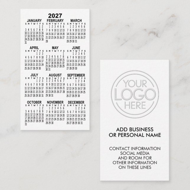 Carte De Visite Calendrier Mini Blanc 2027 avec Logo (Devant / Derrière)