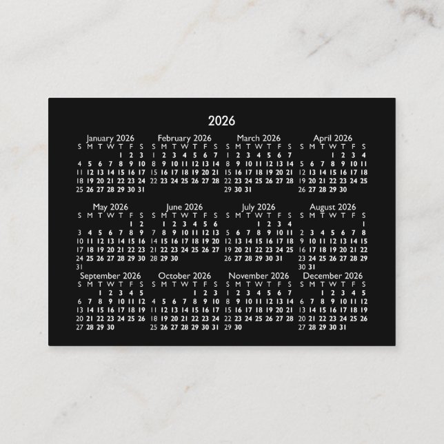 Carte De Visite Calendrier Mini POCKET 2026 DÉBUT DIMANCHE NOIR (Dos)