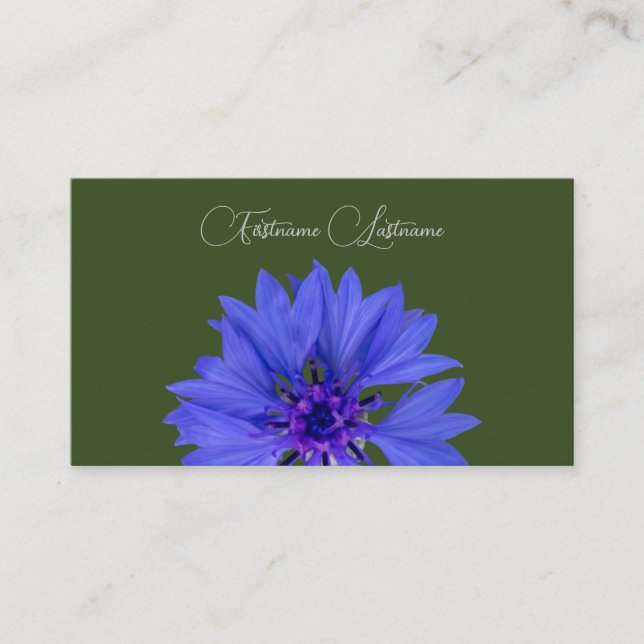 Carte De Visite Calligraphie de bleuet bleu floral vert foncé (Devant)