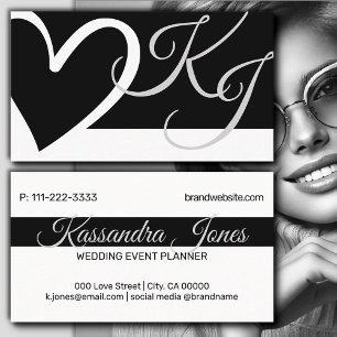 Carte De Visite Calligraphie Forme cardiaque Initiales en noir et 