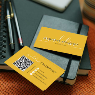 Carte De Visite Calligraphie jaune moutarde Script code QR