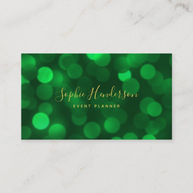Carte De Visite Calligraphie moderne Emerald Green Bokeh Lumières (Devant)