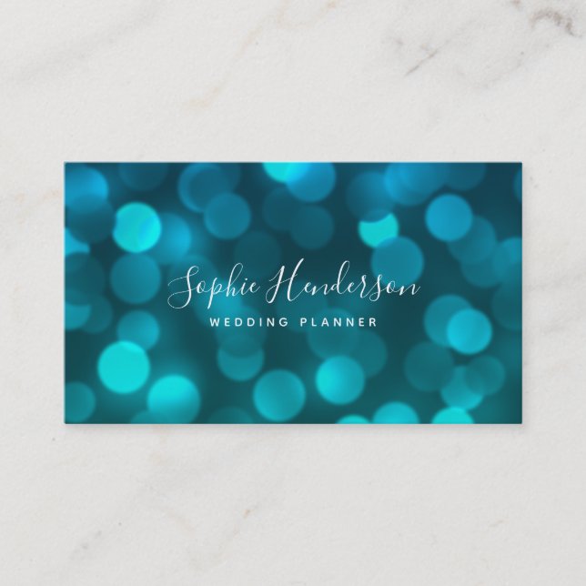 Carte De Visite Calligraphie moderne tendance Aqua Blue Bokeh Lumi (Devant)