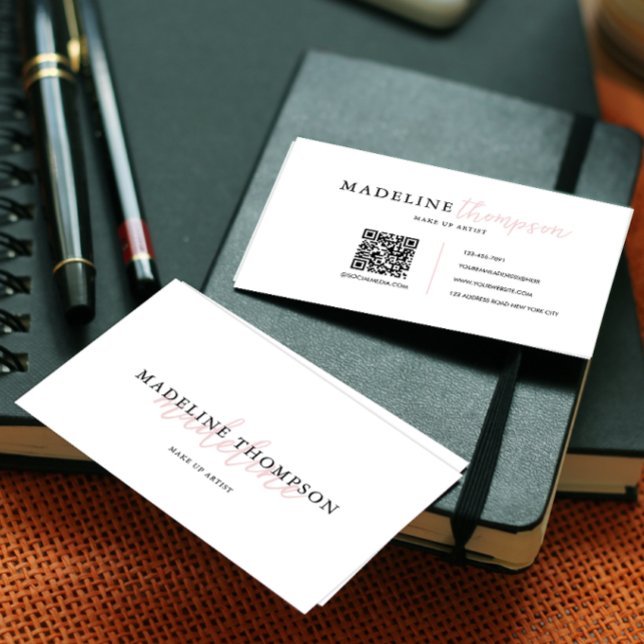 Carte De Visite Calligraphie rose pâle Typographie Code QR (Créateur téléchargé)