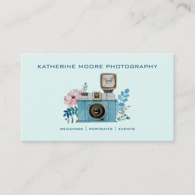 Carte De Visite Caméra vintage et Fleurs Aquarelle Photographie (Devant)