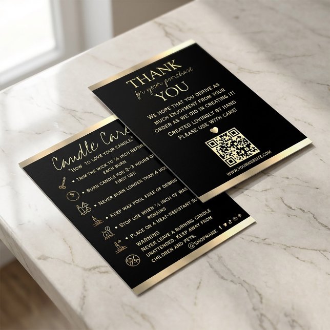 Carte De Visite Candle Care Black Gold | Custom Icons |Thank You  (#ThankYouCard #LuxuryThankYou #CandleCare #CandleBusiness #LuxuryBranding
#BlackAndGoldDesign
#Gold)