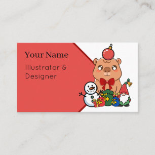 Carte De Visite Capybara Noël Kawaii - Cadeaux festifs et gnome