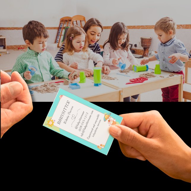 Carte De Visite Caricature Cute Kawaii Chat Babysitter Nanny QR (Créateur téléchargé)