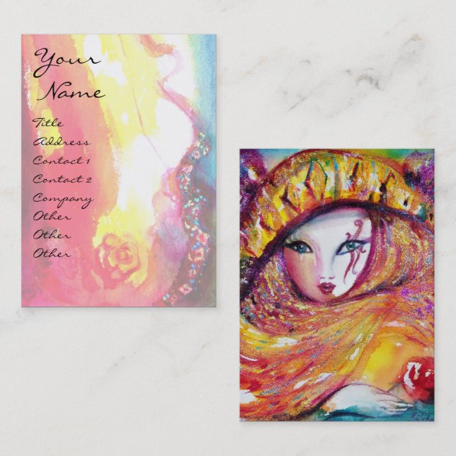 CARTE DE VISITE CARNAVAL EN JAUNE AVEC ROSE ROUGE (Devant / Derrière)