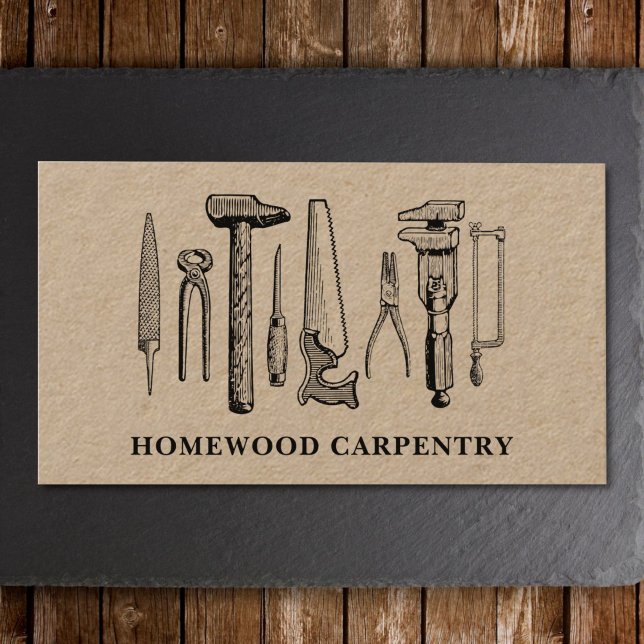 Carte De Visite Carpenter Carpenter Outils de menuiserie Rustique  (Rustic carpentry business card with natural materials in the background)