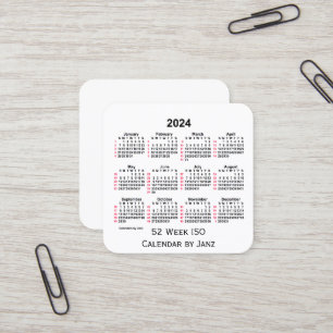 Carte De Visite Carré 2024 Blanc 52 semaines Calendrier ISO par Janz