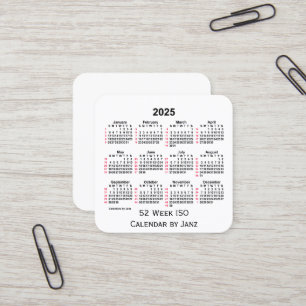 Carte De Visite Carré 2025 Blanc 52 semaines Calendrier ISO par Janz