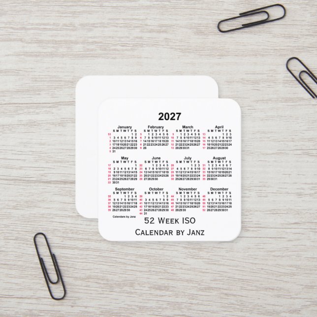 Carte De Visite Carré 2027 Blanc 52 semaines Calendrier ISO par Janz (Devant/Arrière en situation)