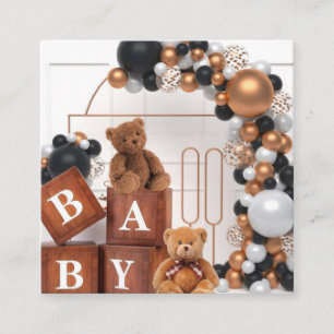 Carte De Visite Carré 4 Boîtes de Baby Shower à veinure de bois, Ours en