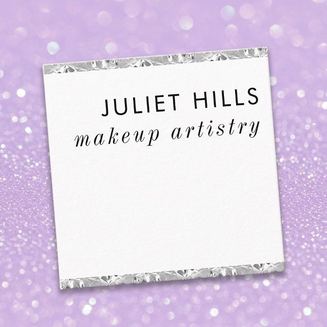 Carte de visite Carré à bordure en cristal d'argen (Silver Crystal Edged Square Business Card displayed, front)