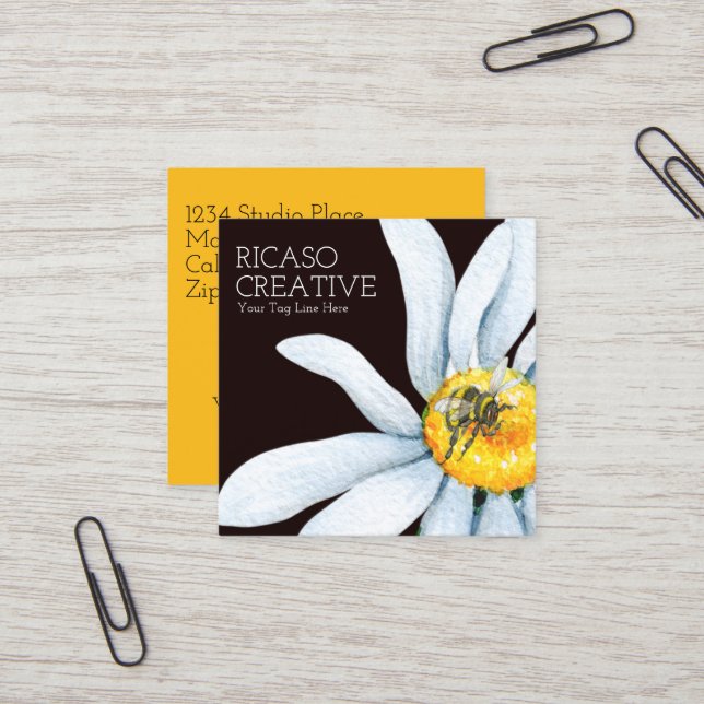 Carte De Visite Carré Abeille sur fleur personnalisé Aquarelle personnal (Devant/Arrière en situation)