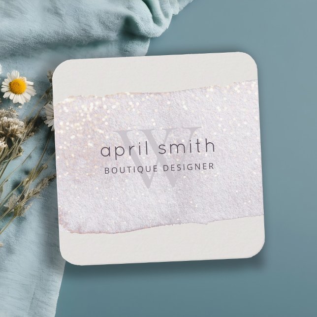 Carte De Visite Carré Abstrait Pinceau Lilac Pinceau Monogramme brillant (Créateur téléchargé)