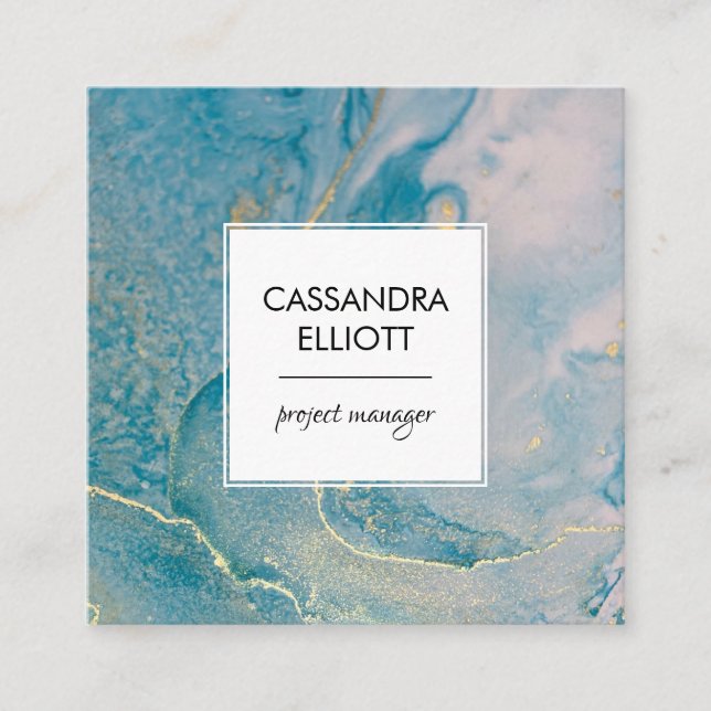 Carte De Visite Carré Abstrait Turquoise Blue & Gold Alcohol Enk Liquid  (Devant)
