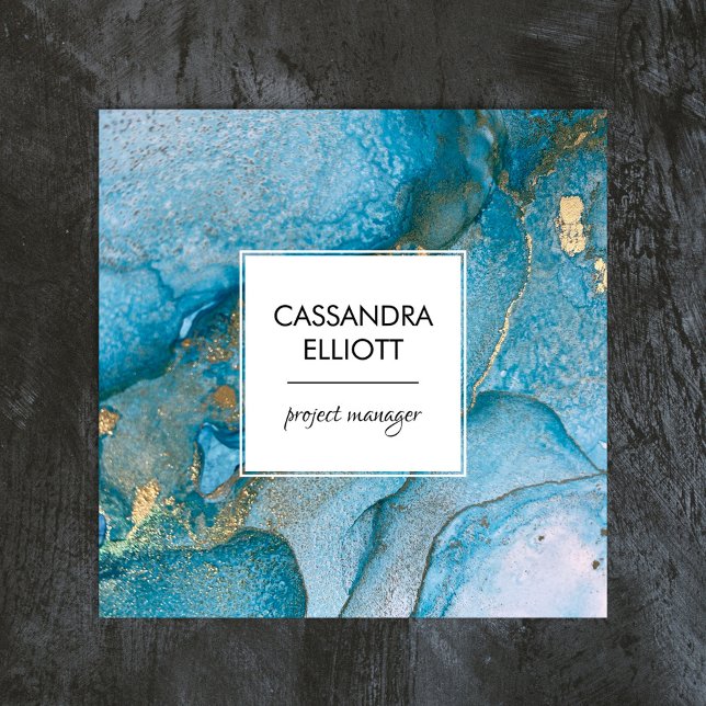 Carte De Visite Carré Abstrait Turquoise Blue & Gold Alcohol Enk Liquid  (Créateur téléchargé)