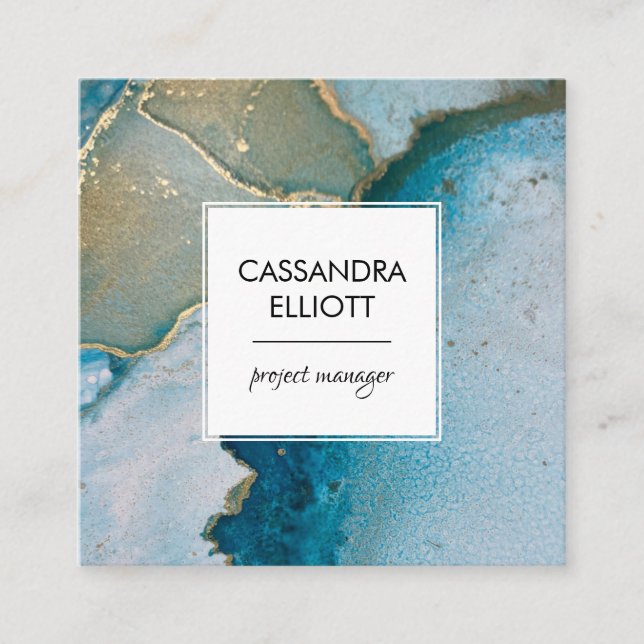 Carte De Visite Carré Abstrait Turquoise & Gold Alcohol Enk Liquid Art (Devant)