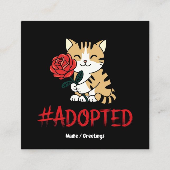 Carte De Visite Carré Adopted Cat Love Illustration with Rose (Devant)