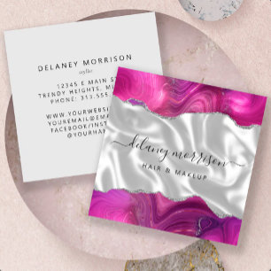 Carte De Visite Carré Agate Magenta Argent Pailleté Blanc Luxe