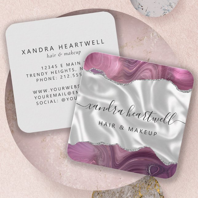 Carte De Visite Carré Agate Mauve Silver Glitter Silk Rounded Corners (Créateur téléchargé)