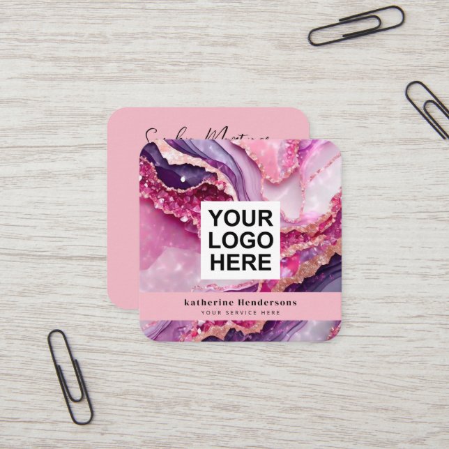 Carte De Visite Carré Agate violette glamour & Logo Code QR (Devant/Arrière en situation)