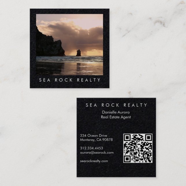 Carte De Visite Carré Agent immobilier unique Rocks Beach Photo QR Code (Devant / Derrière)