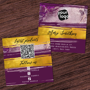 Carte De Visite Carré Ajouter Logo & Code QR Modern Gold Purple Personna