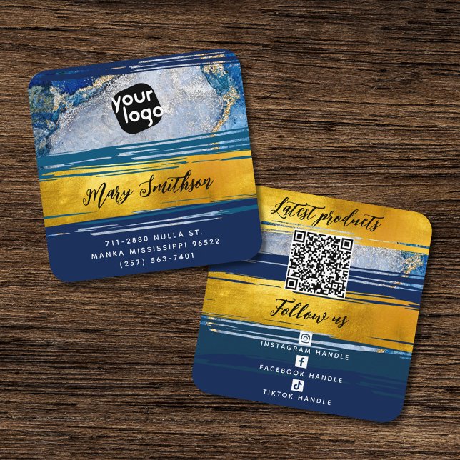 Carte De Visite Carré Ajouter Logo, QR Code & Social Media Gold & Navy B (Créateur téléchargé)