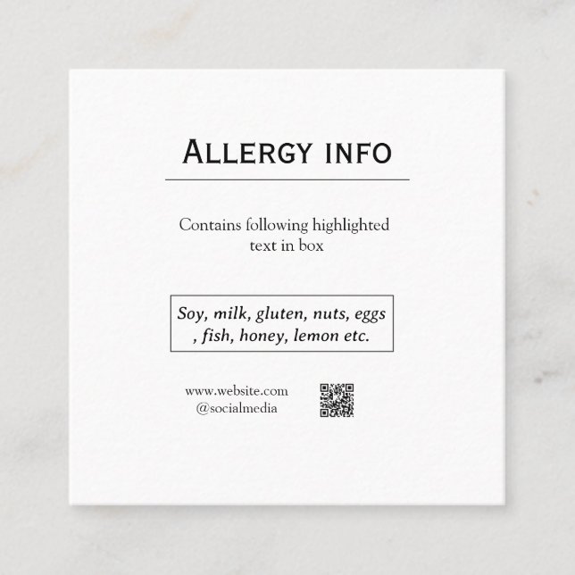 Carte De Visite Carré Alerte d'allergie alimentaire ajouter le nom des a (Devant)
