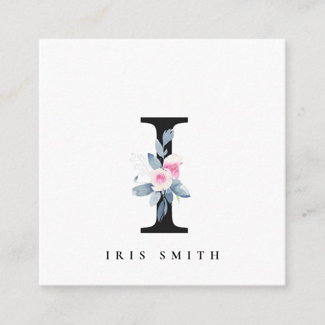 CARTE DE VISITE CARRÉ ALPHABÈTES FLORAUX BLEUS DOUX NOM LETTRE I (Devant)