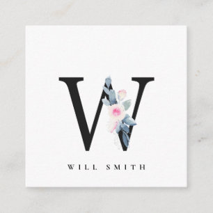 CARTE DE VISITE CARRÉ ALPHABÈTES FLORAUX BLEUS DOUX NOM LETTRE W