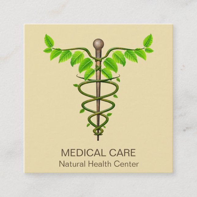 Carte De Visite Carré Alternative Médicale Caduceus Vert Feuilles Beige (Devant)