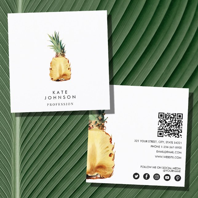 Carte De Visite Carré Ananas tropical moderne QR Code Social Media (Créateur téléchargé)