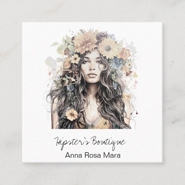 Carte De Visite Carré *~* AP57 Orange Boho QR Fleurs cheveux Hippie fill (Devant)