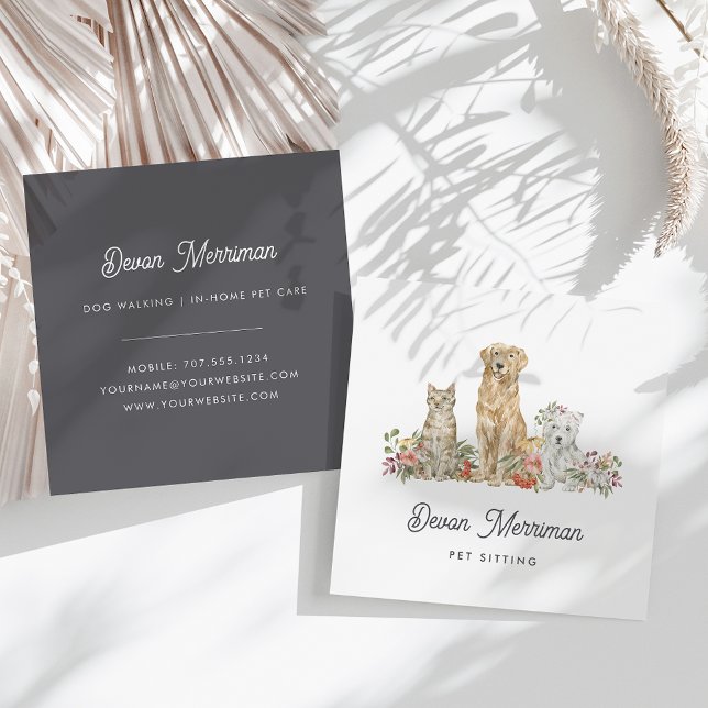Carte De Visite Carré Aquarelle Animaux floraux | Soins aux animaux (Créateur téléchargé)