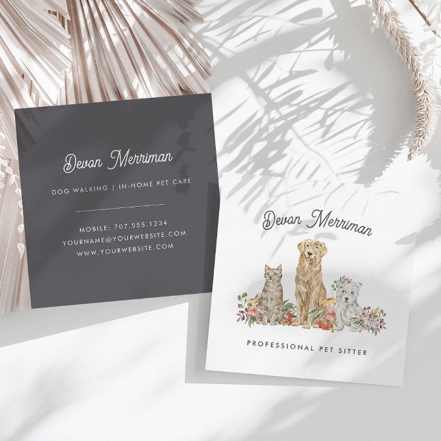 Carte De Visite Carré Aquarelle Animaux floraux | Soins aux animaux (Créateur téléchargé)