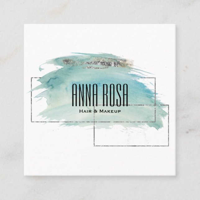 Carte De Visite Carré Aquarelle argentée géométrique de turquoise de *~* (Devant)