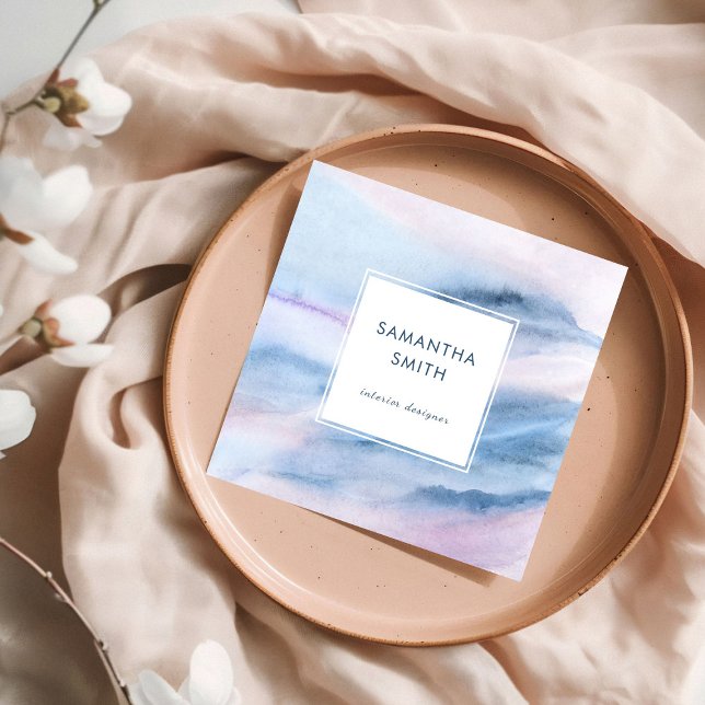 Carte De Visite Carré Aquarelle blanche moderne et élégante Abstraite (Elegant Blue White Watercolor Abstract Square Business Card)